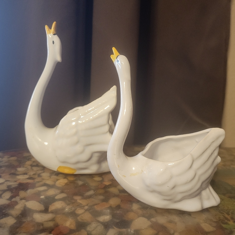 Pair: White Ceramic Swan Planters or Trinket Holders